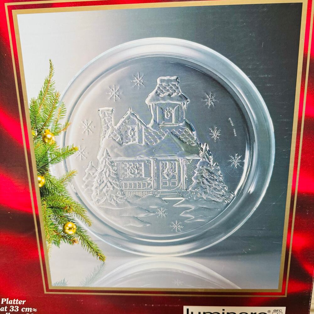 VTG French Luminarc Clear Glass Christmas Gingerbread House Embossed Platter